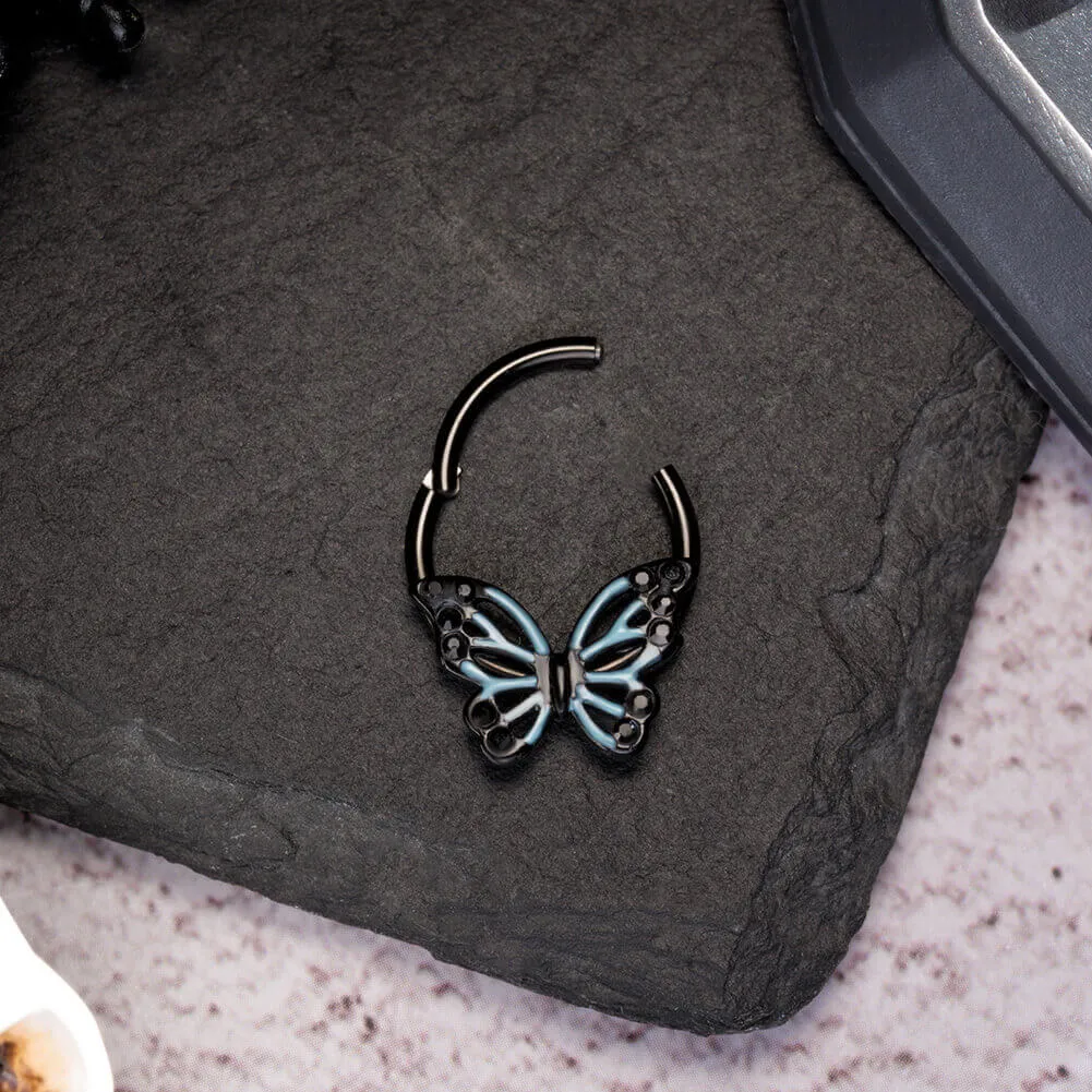 16G Black Blue Ombre Butterfly Hinged Segment Septum Ring