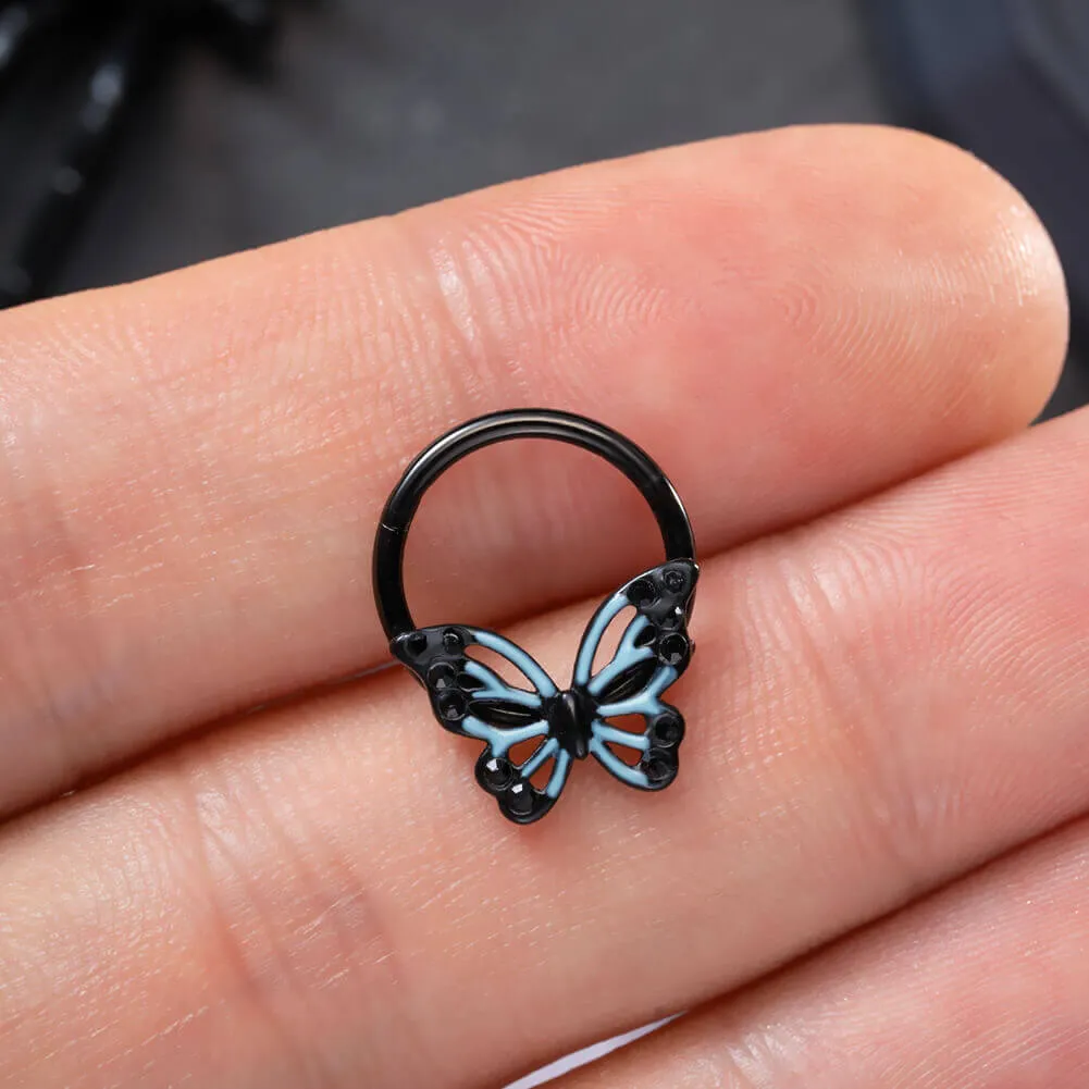 16G Black Blue Ombre Butterfly Hinged Segment Septum Ring