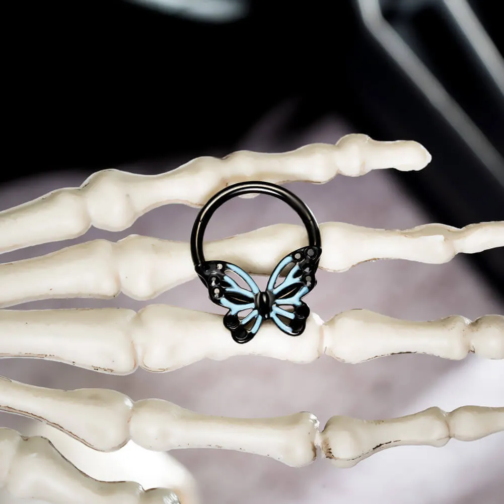 16G Black Blue Ombre Butterfly Hinged Segment Septum Ring