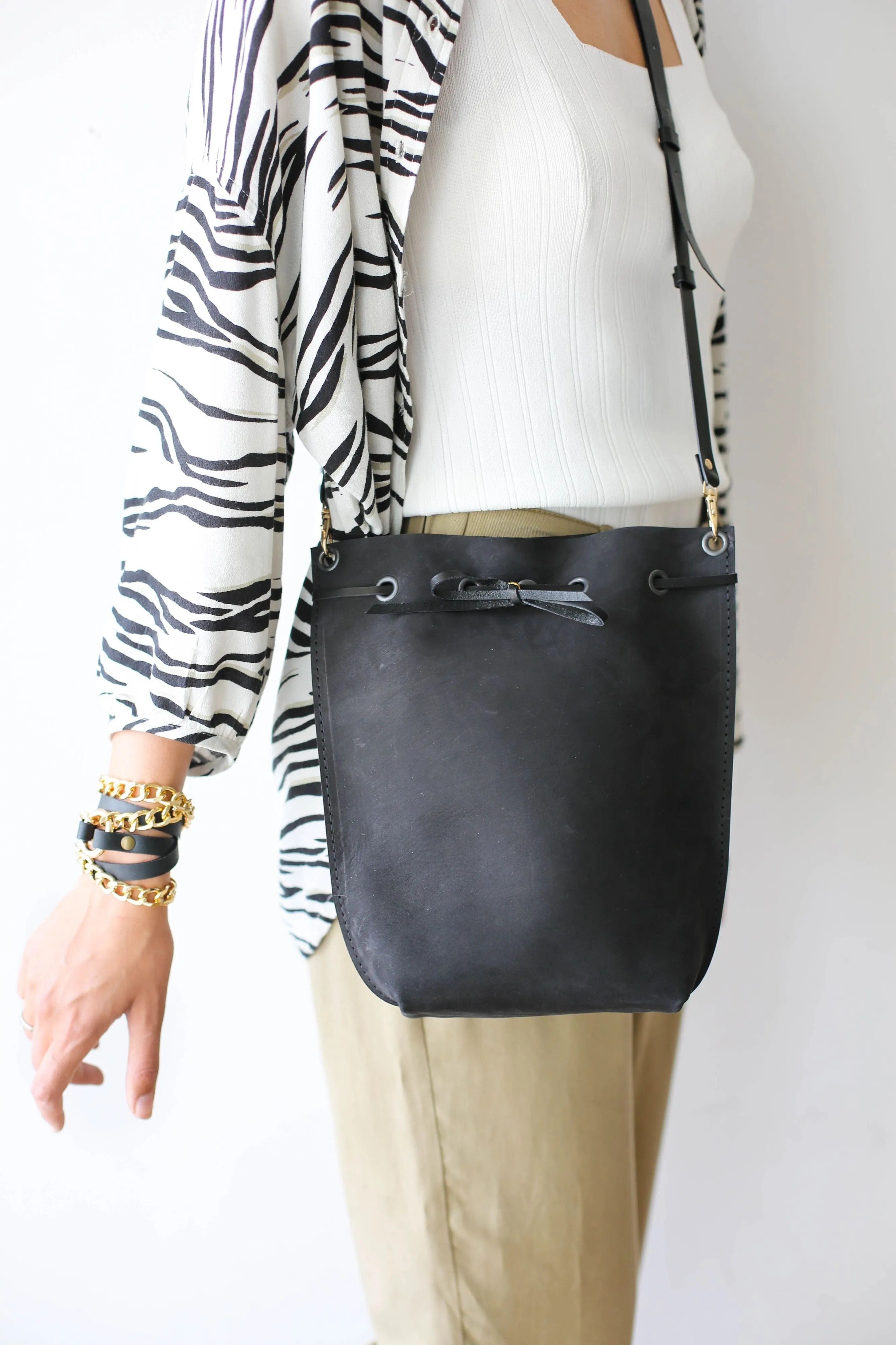 Black Leather Bucket Bag