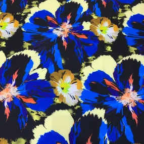 Blue Orange and Ivory Flowers on a Black Background Neoprene Printed Fabric