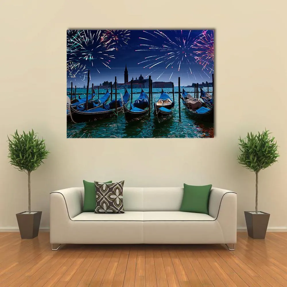 Fireworks Over Canal Canvas Wall Art