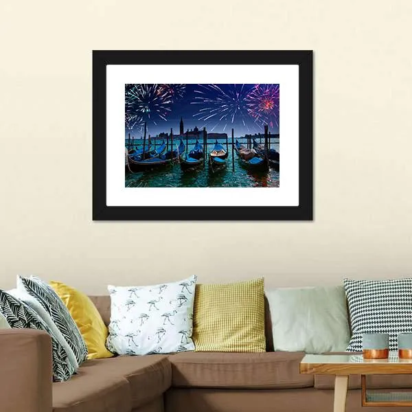 Fireworks Over Canal Canvas Wall Art