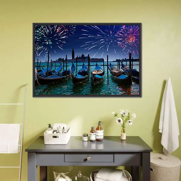 Fireworks Over Canal Canvas Wall Art