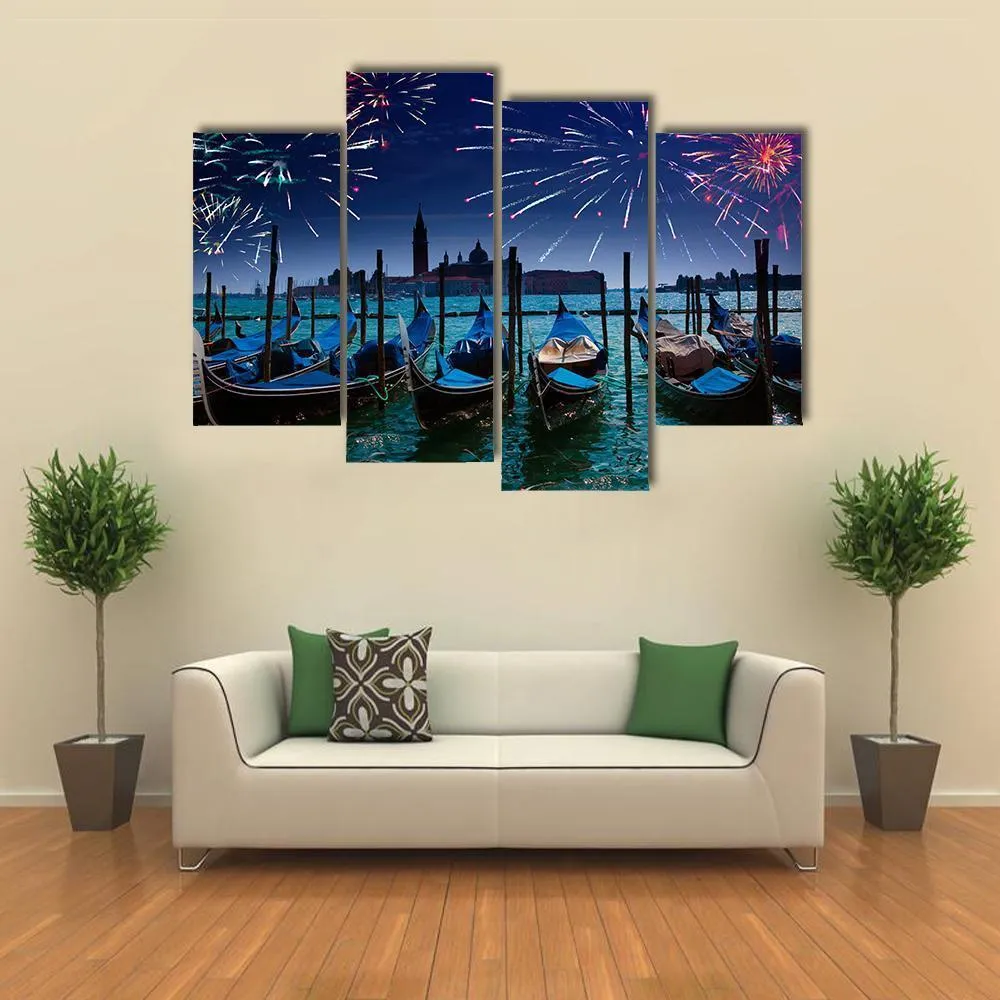 Fireworks Over Canal Canvas Wall Art