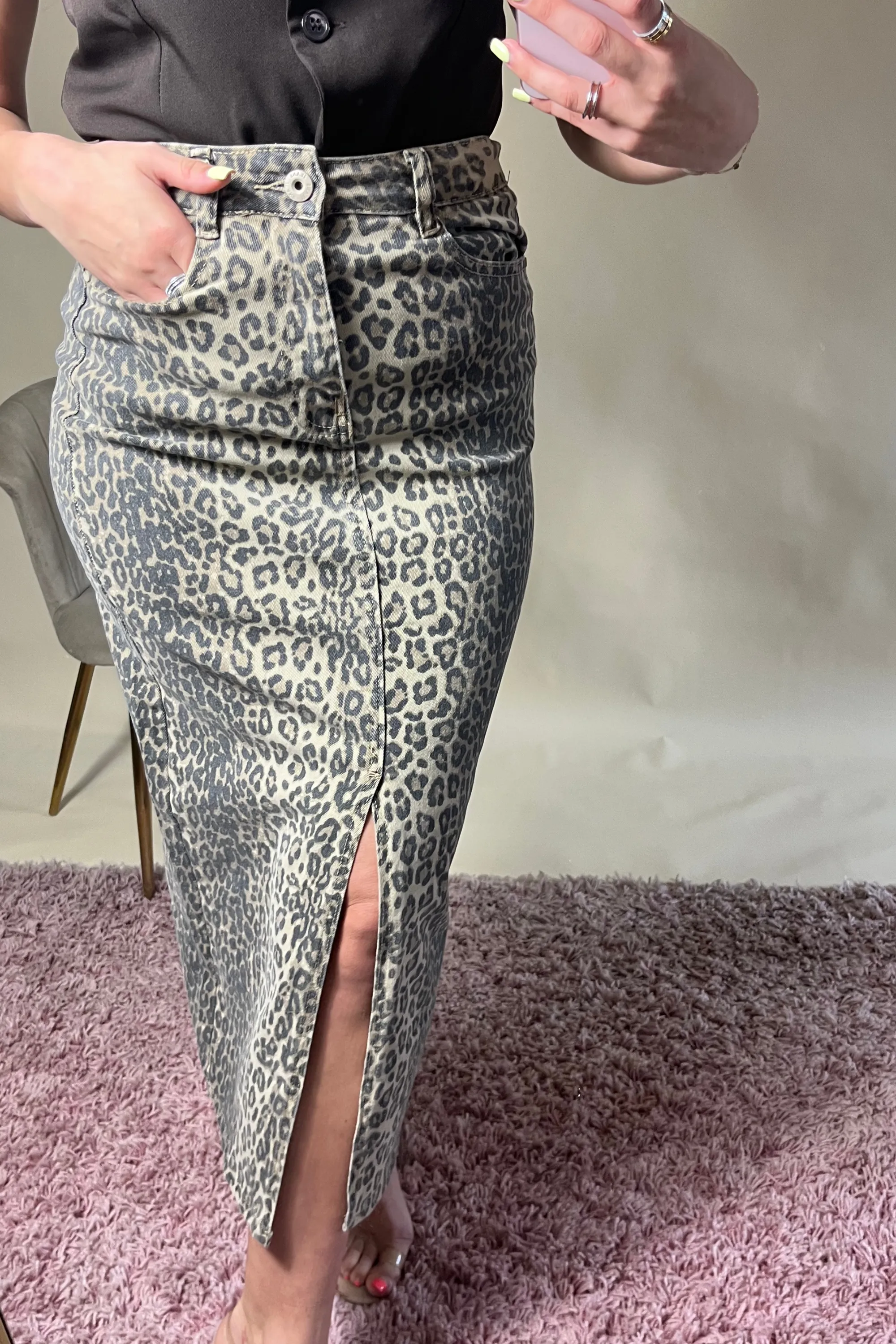 Leopard print denim midi skirt