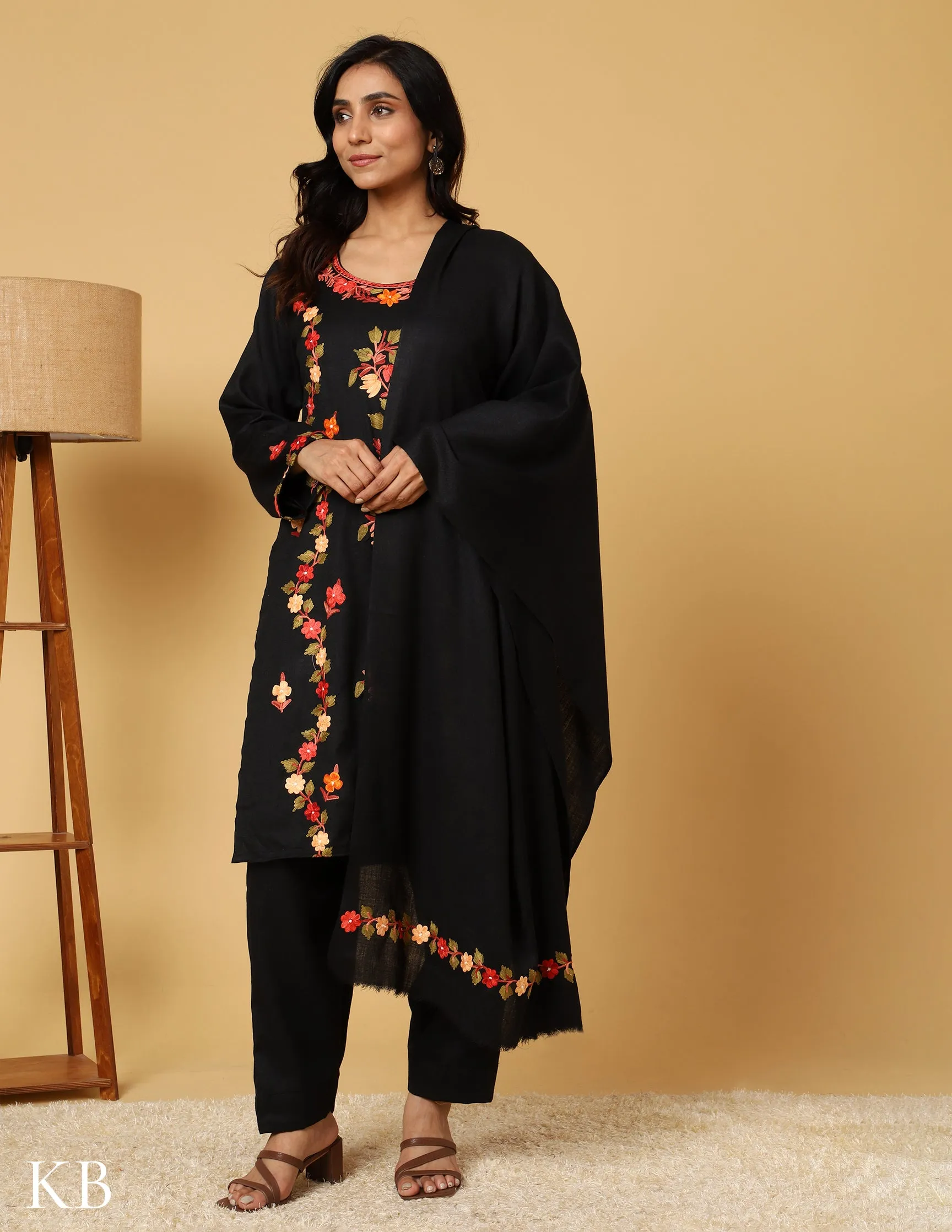 Raven Black Aari Embroidered Woolen Suit Set