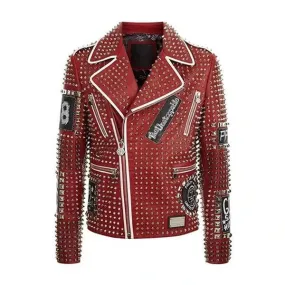 Red Studded Punk Men Leather Jacket With Embroidery Patches