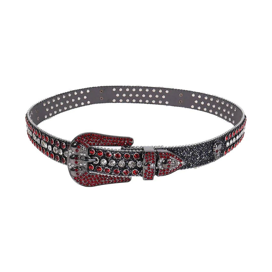 Rhinestone Skull Buckle Black Strap With Red & Crystal Studded Belt