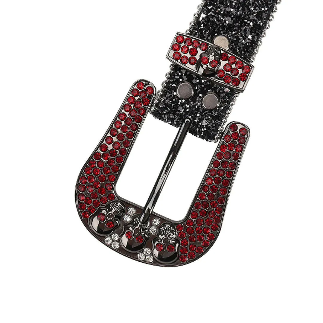 Rhinestone Skull Buckle Black Strap With Red & Crystal Studded Belt