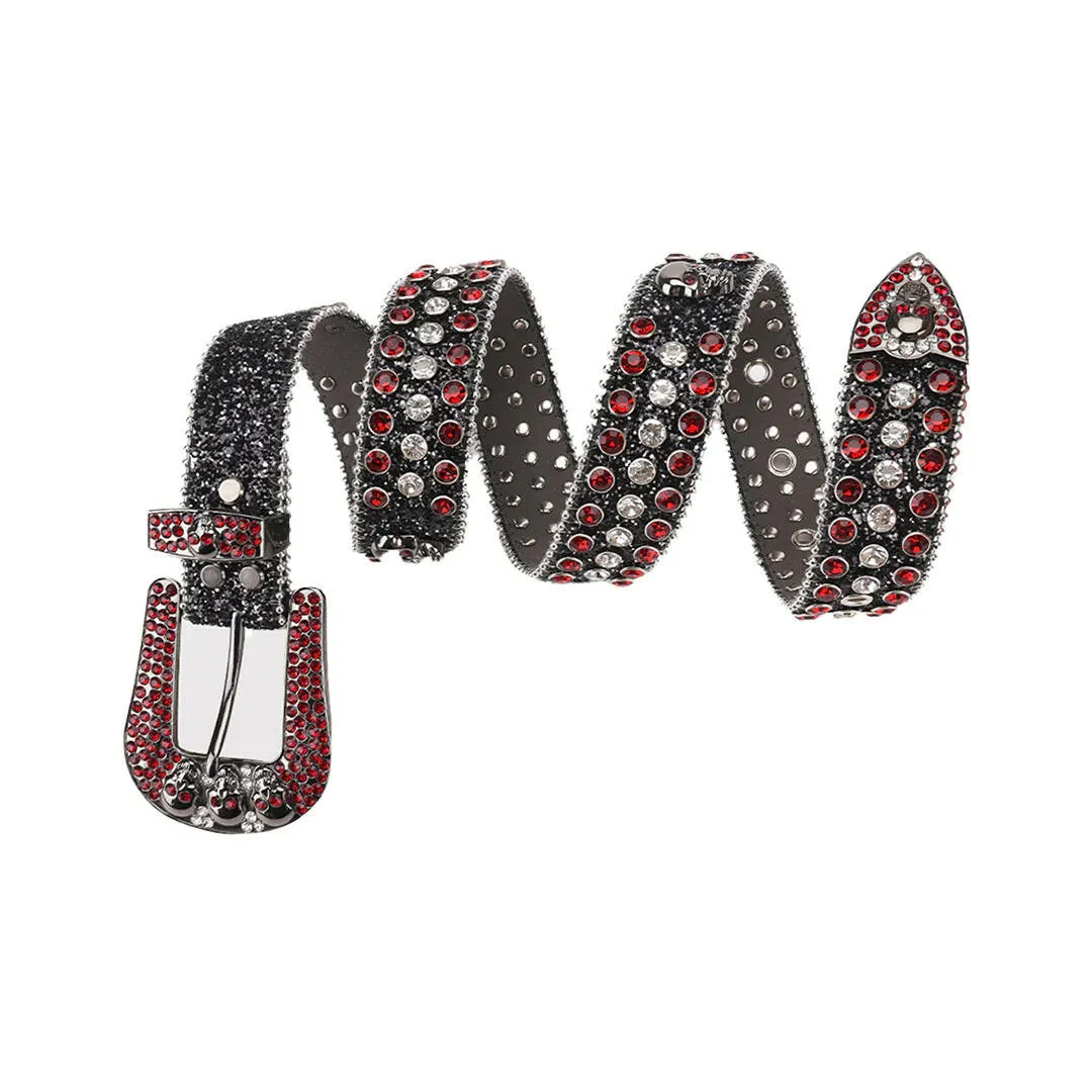 Rhinestone Skull Buckle Black Strap With Red & Crystal Studded Belt