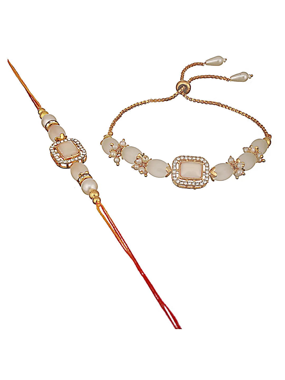 Set Of 2 Baby Pink Stone & Cz Studded Bhaiya Bhabhi Chain Rakhi With Roli & Chawal