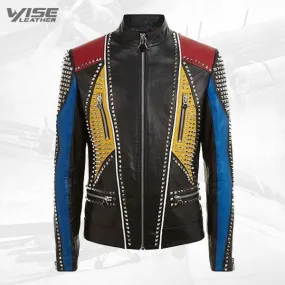 Studded Punk Men Leather Jacket In Multi Color